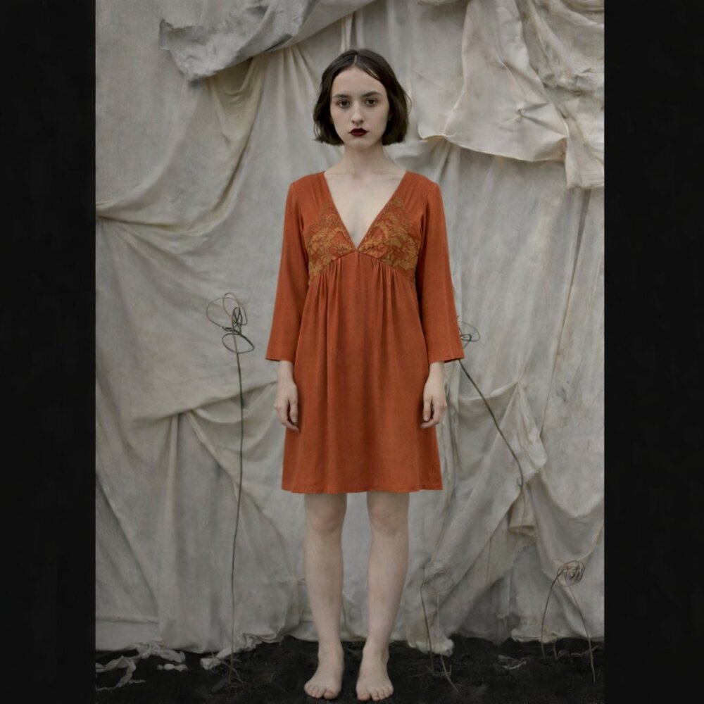 Cynthia Vincent Rust Silk Mini Dress Embroidered V-Neck Bell Sleeve NWT XS $297 - Picture 1 of 6